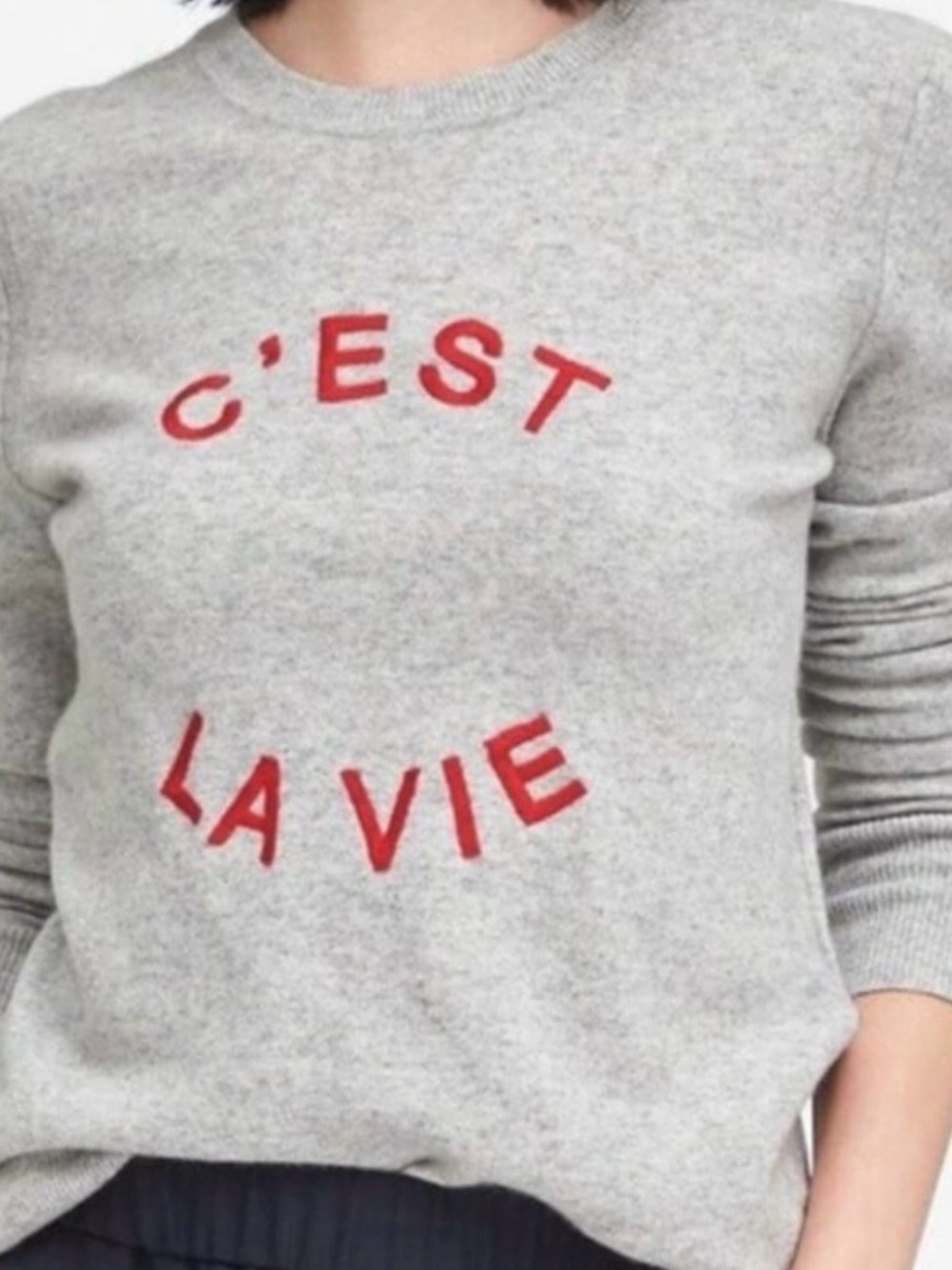 Banana Republic Gray Crewneck Sweater with Red 'C'EST LA VIE' Text